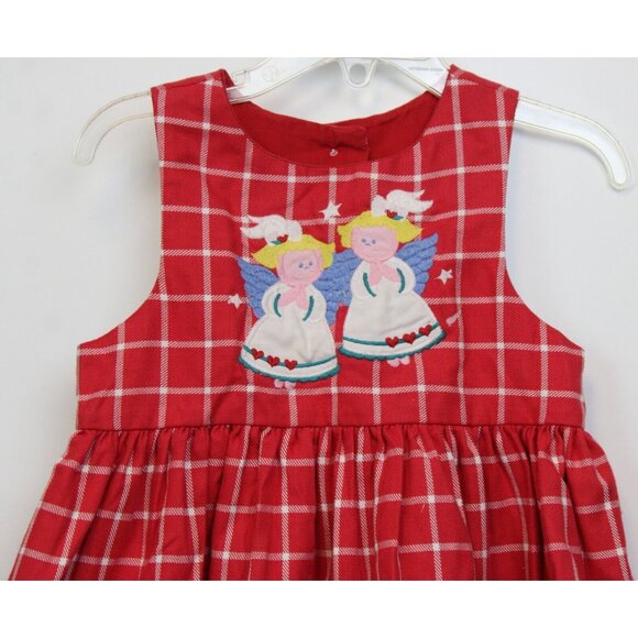 VTG 80s Fast Friends Dress sz 2 Girls Red Plaid Angel Star Button Holiday Winter - Picture 2 of 4